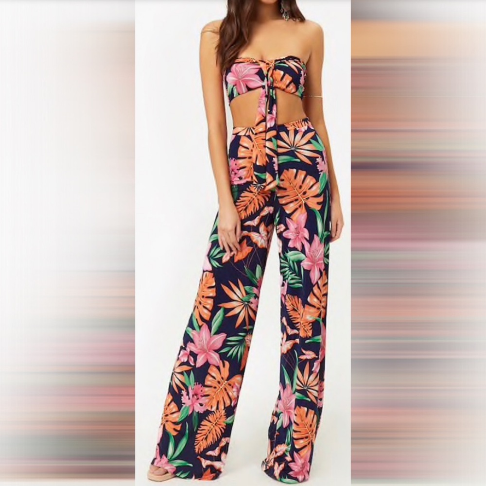 Tropical Print Crop Top + Pants Set- Size S